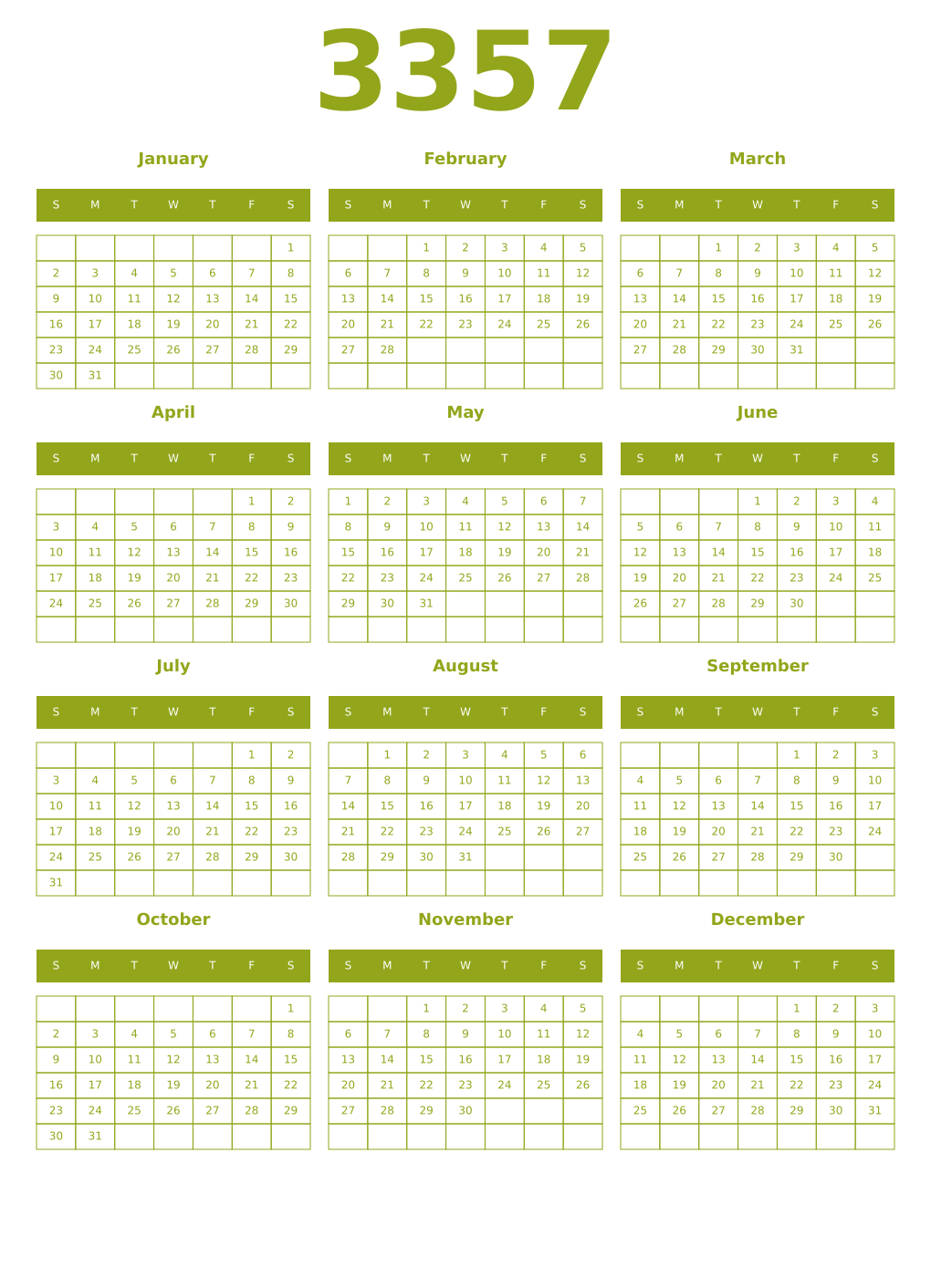 Printable 3357 Year Calendars chartreuse