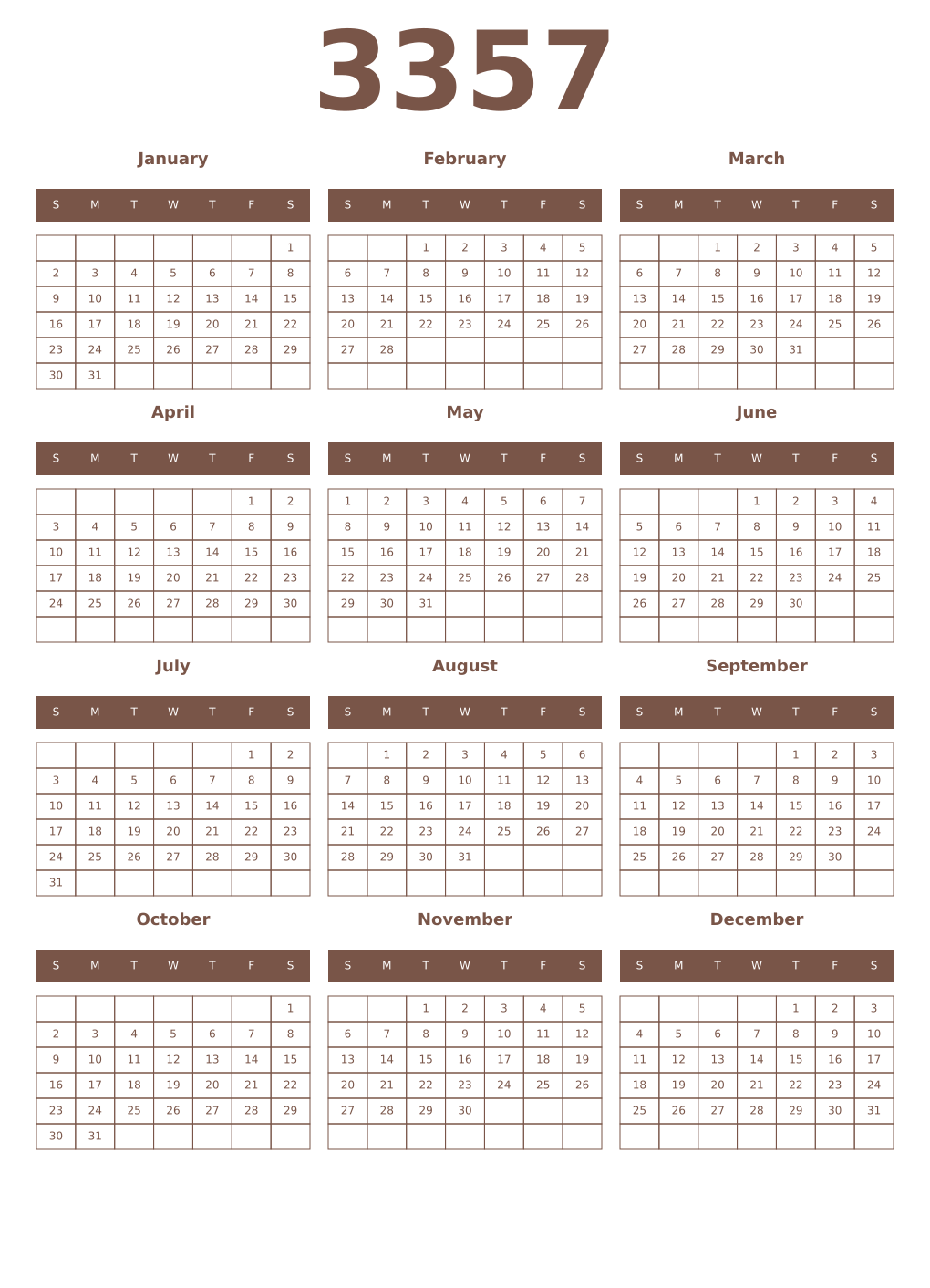 Printable 3357 Year Calendars coffe