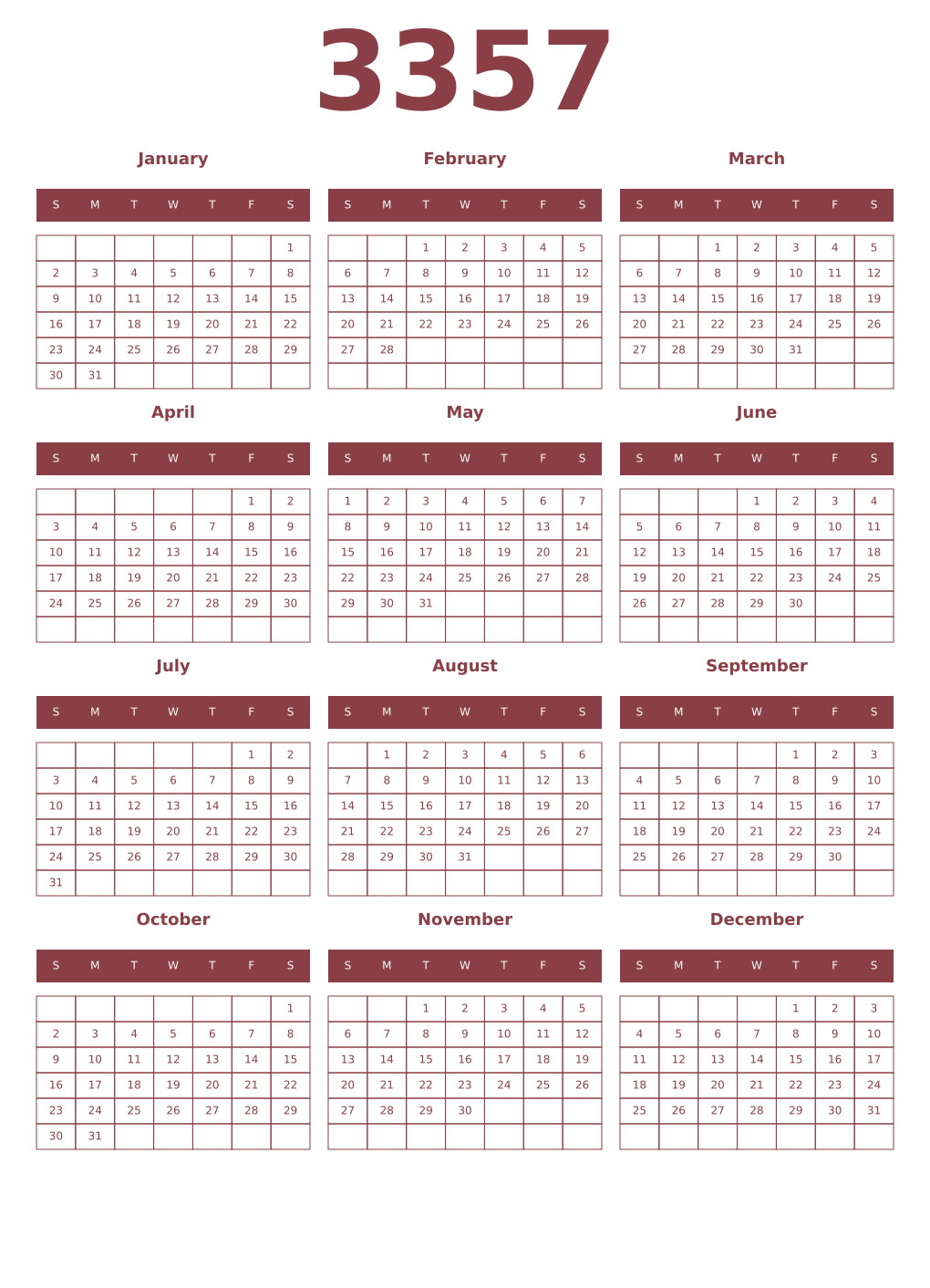 Printable 3357 Year Calendars cordovan