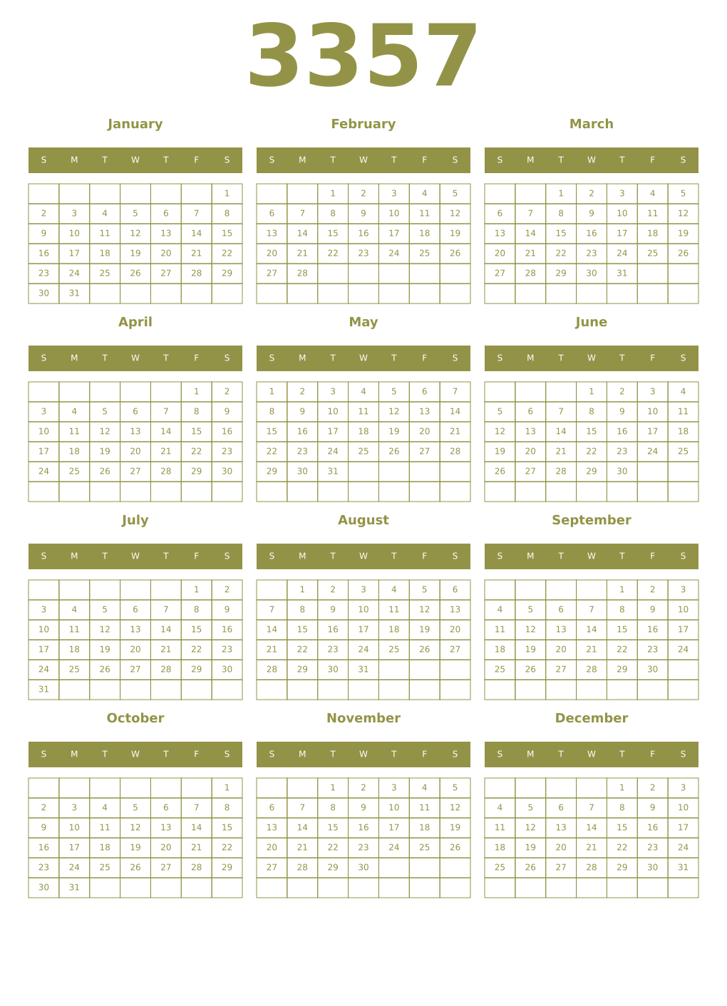 Printable 3357 Year Calendars eburnean