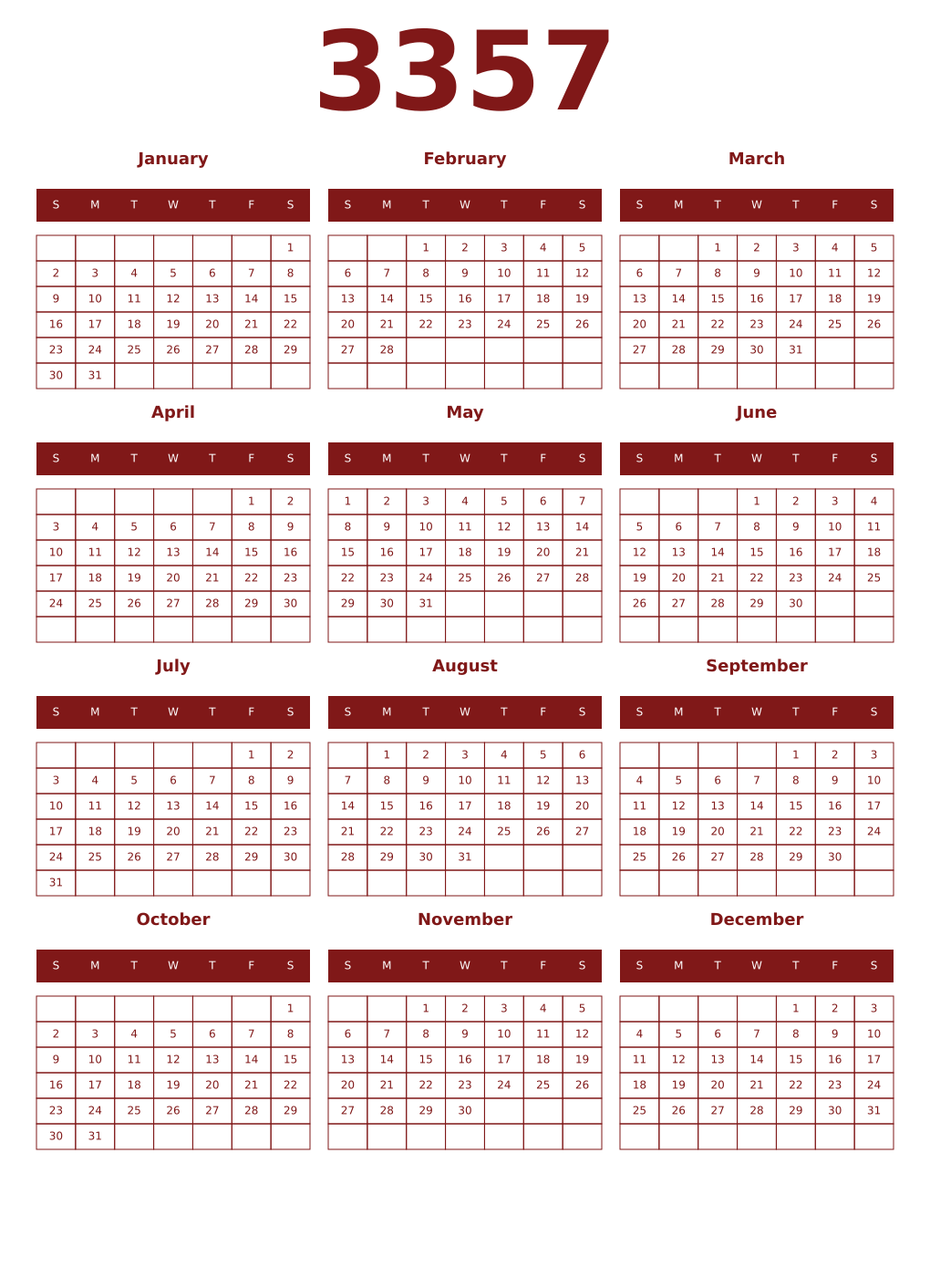 Printable 3357 Year Calendars falu