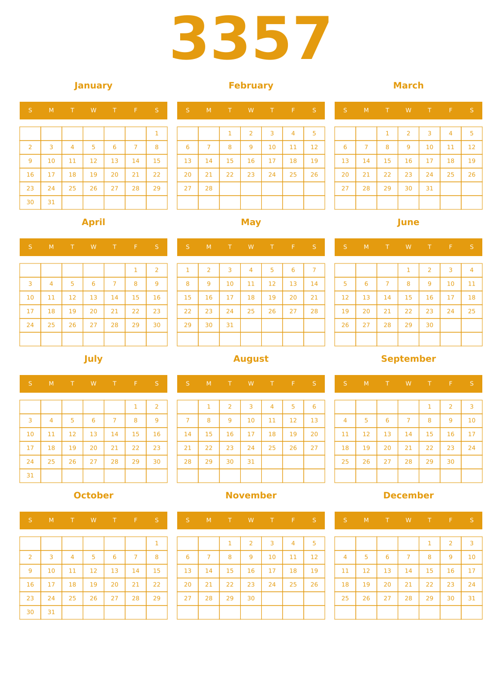 Printable 3357 Year Calendars gamboge