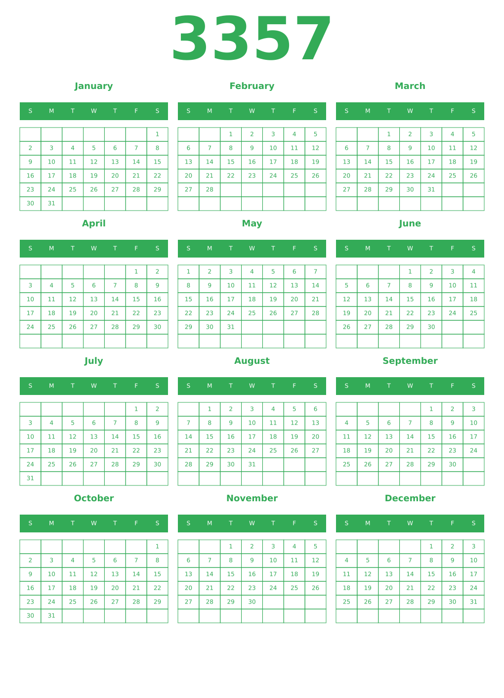 Printable 3357 Year Calendars green
