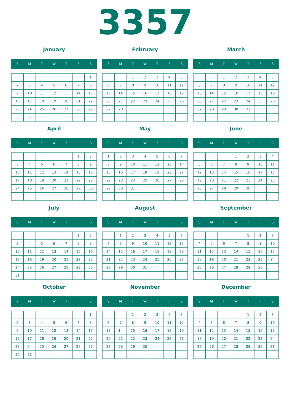 Printable 3357 Year Calendars pastel