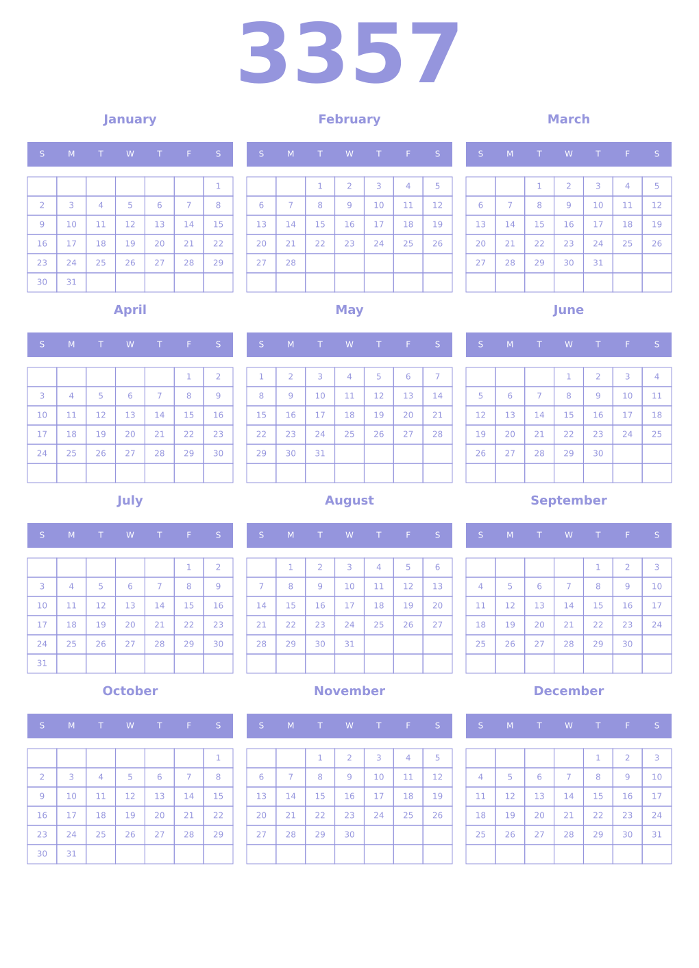 Printable 3357 Year Calendars periwinkle