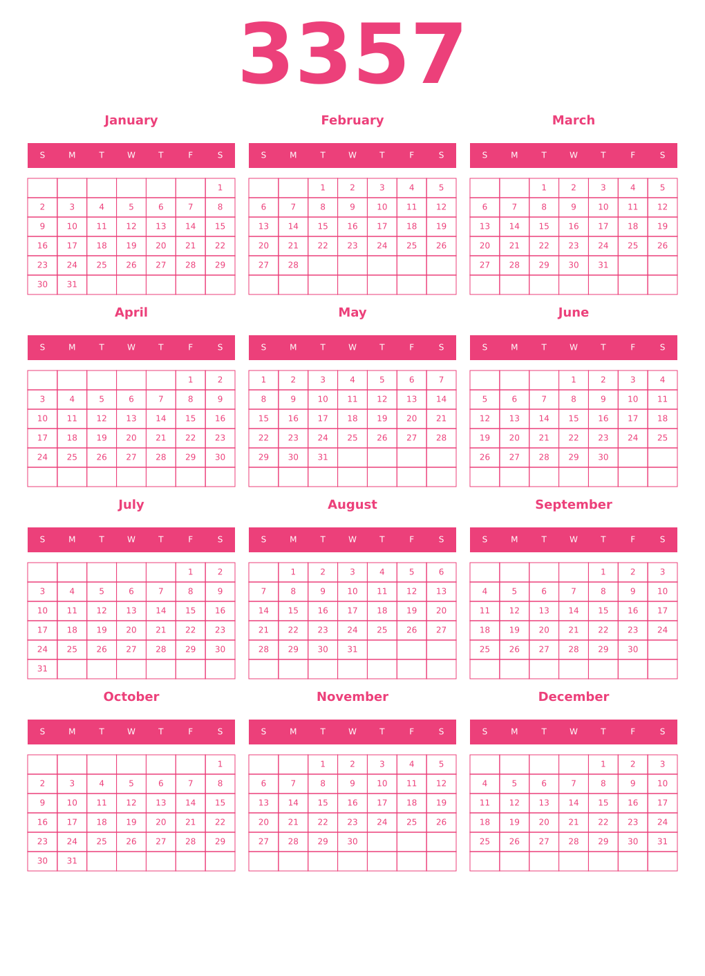 Printable 3357 Year Calendars pink