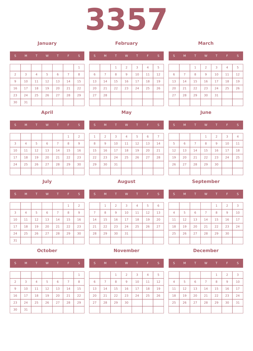 Printable 3357 Year Calendars puce
