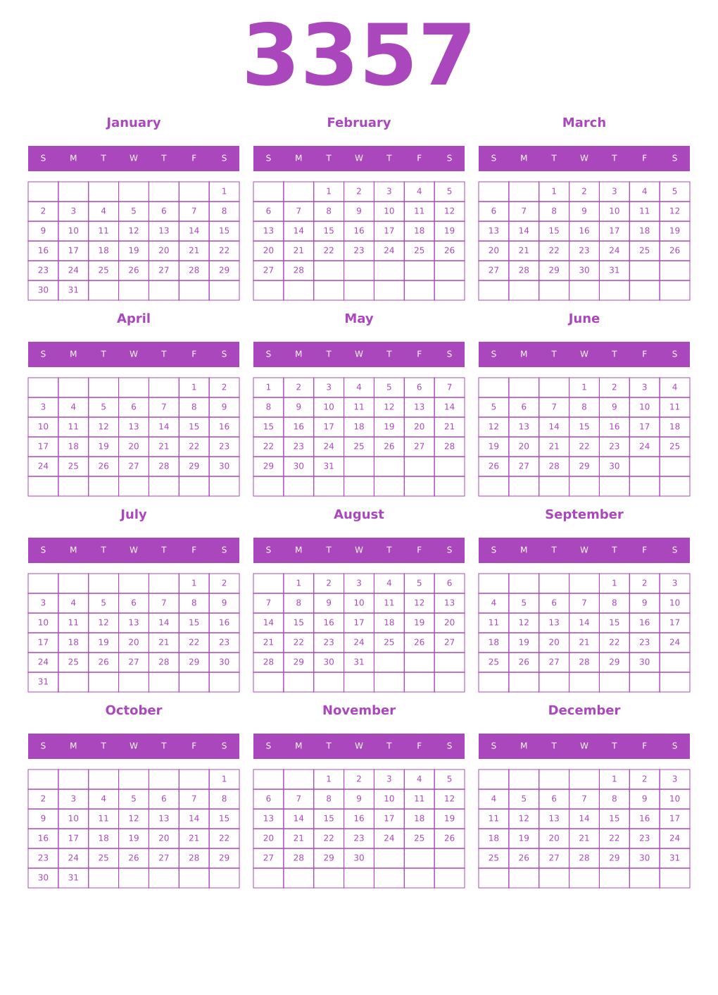 Printable 3357 Year Calendars purple