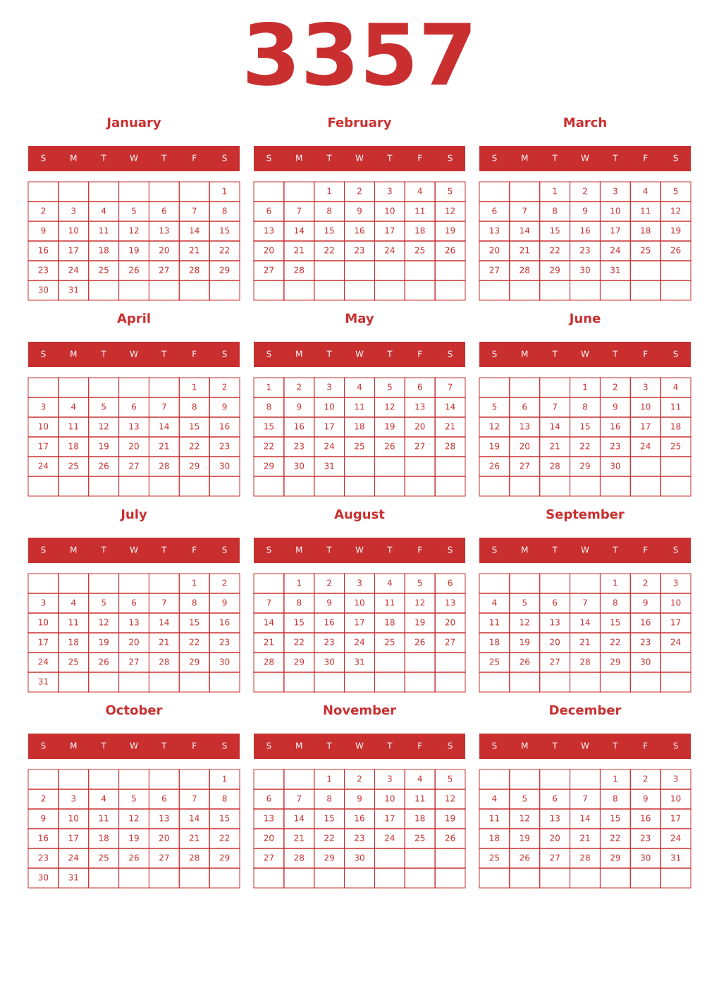 Printable 3357 Year Calendars red