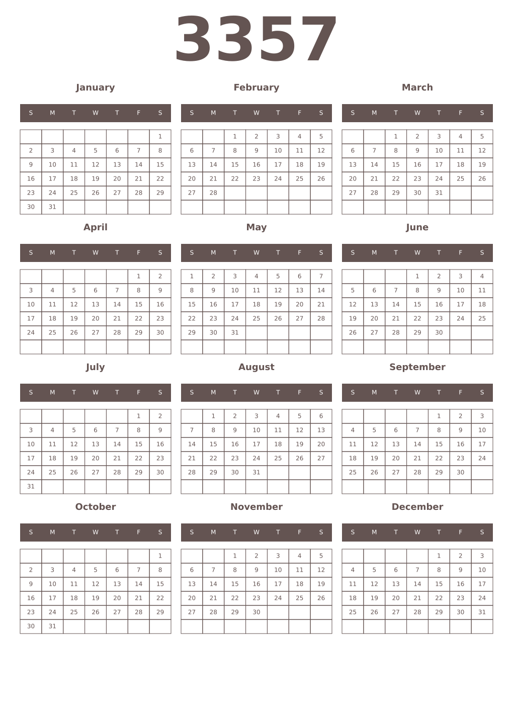 Printable 3357 Year Calendars wenge