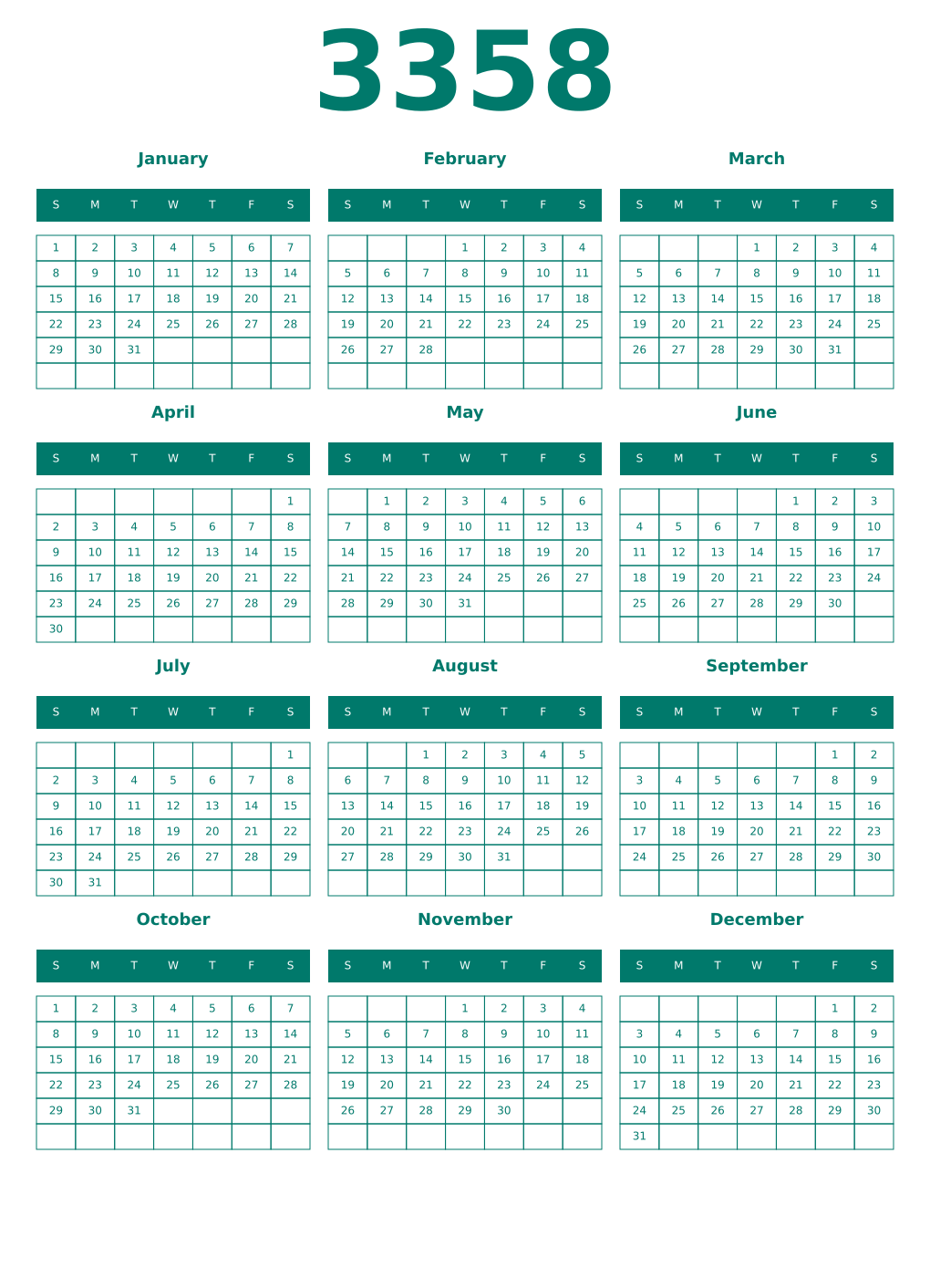 Printable 3358 Year Calendars pastel