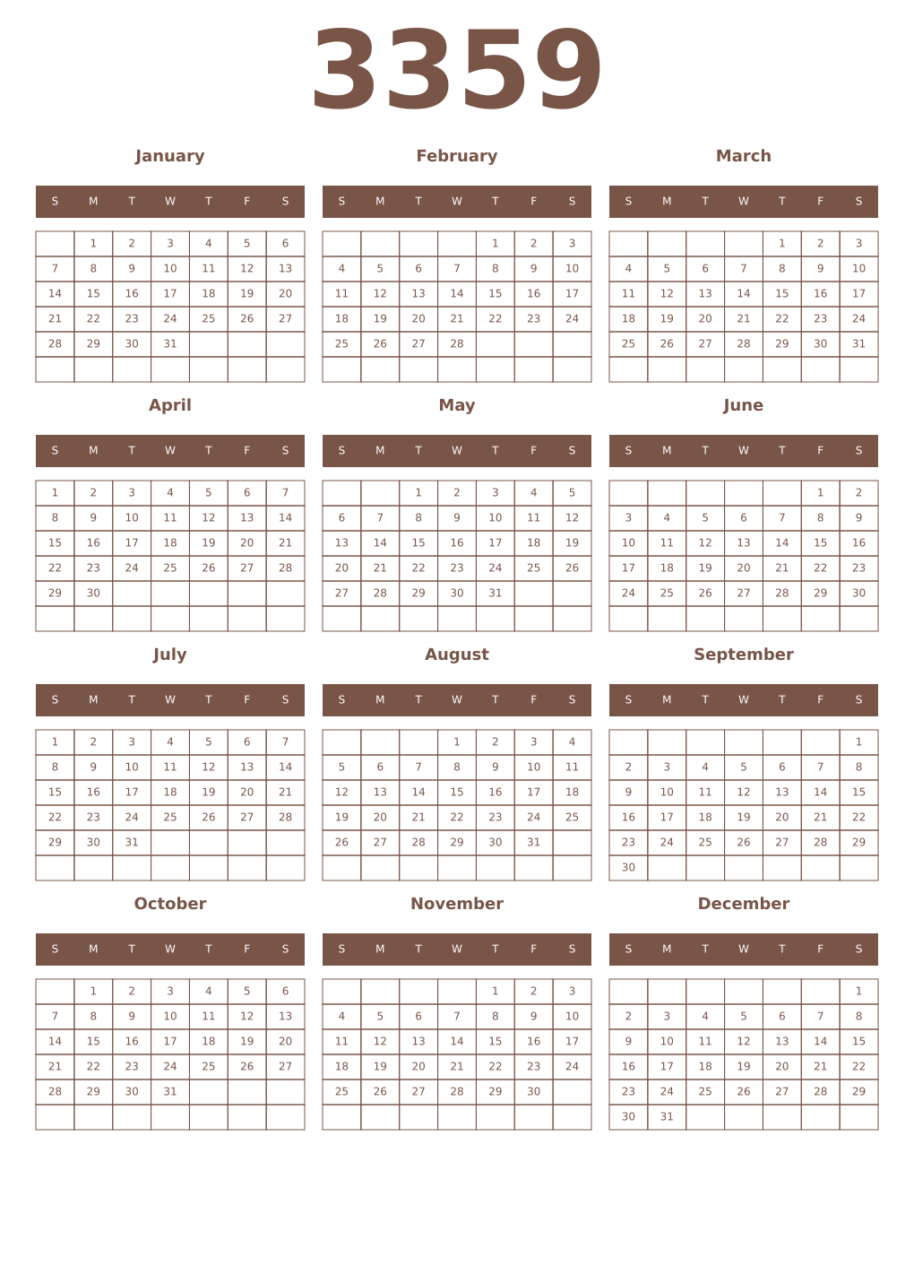 Printable 3359 Year Calendars coffe