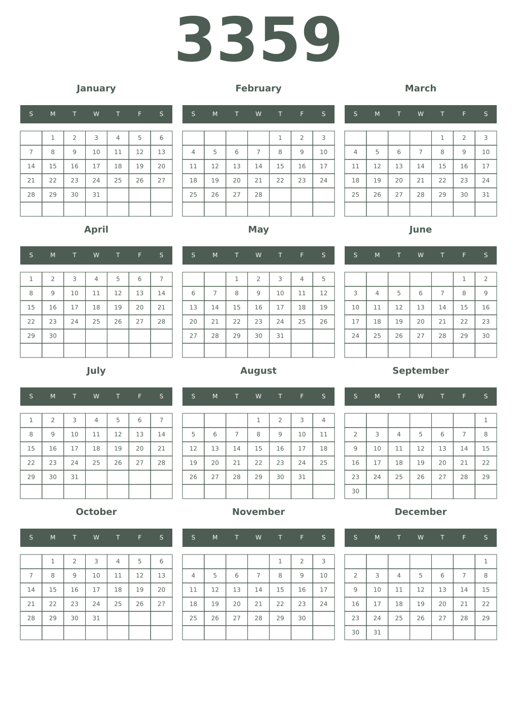Printable 3359 Year Calendars feldgrau