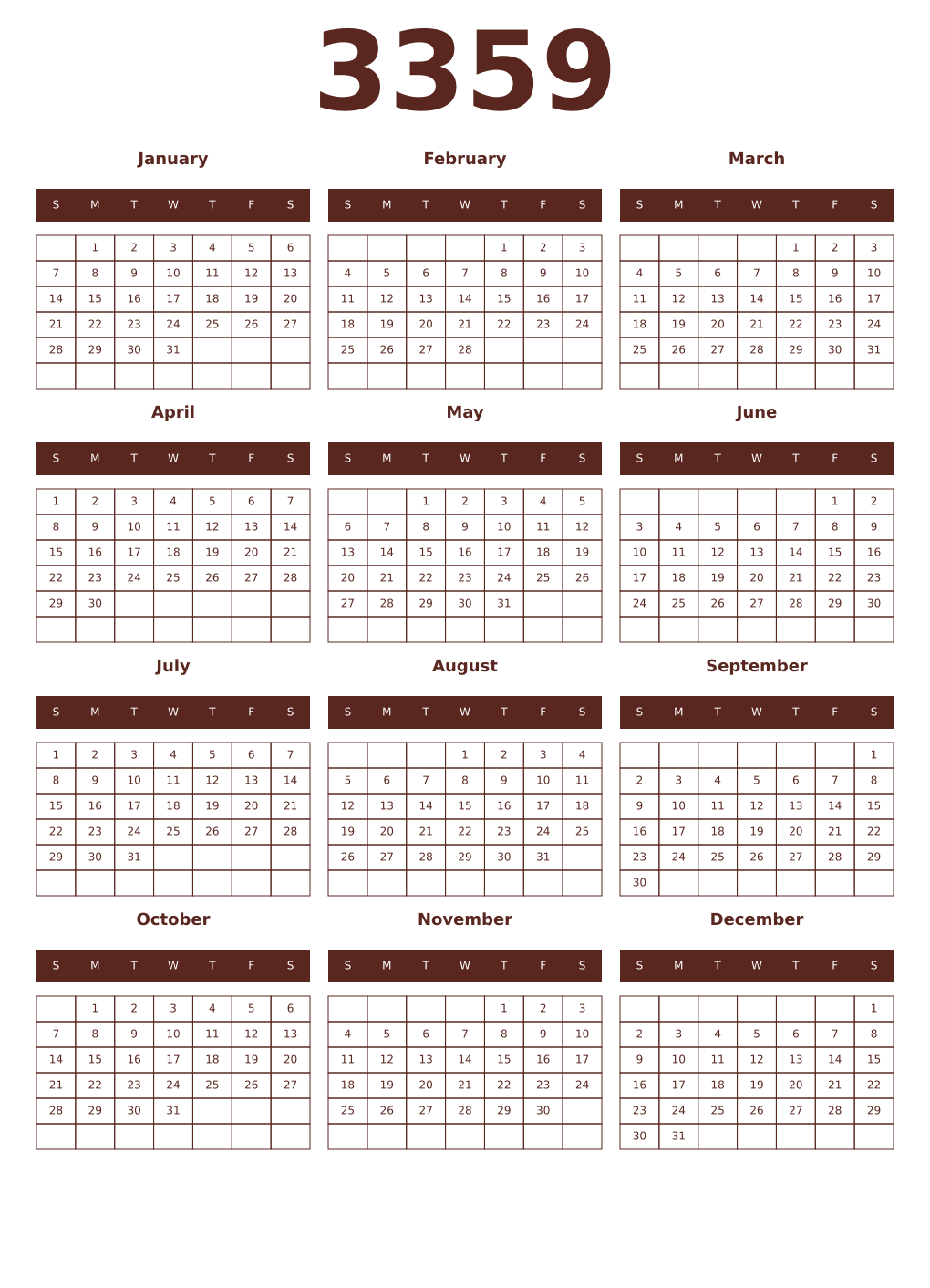 Printable 3359 Year Calendars mortuum