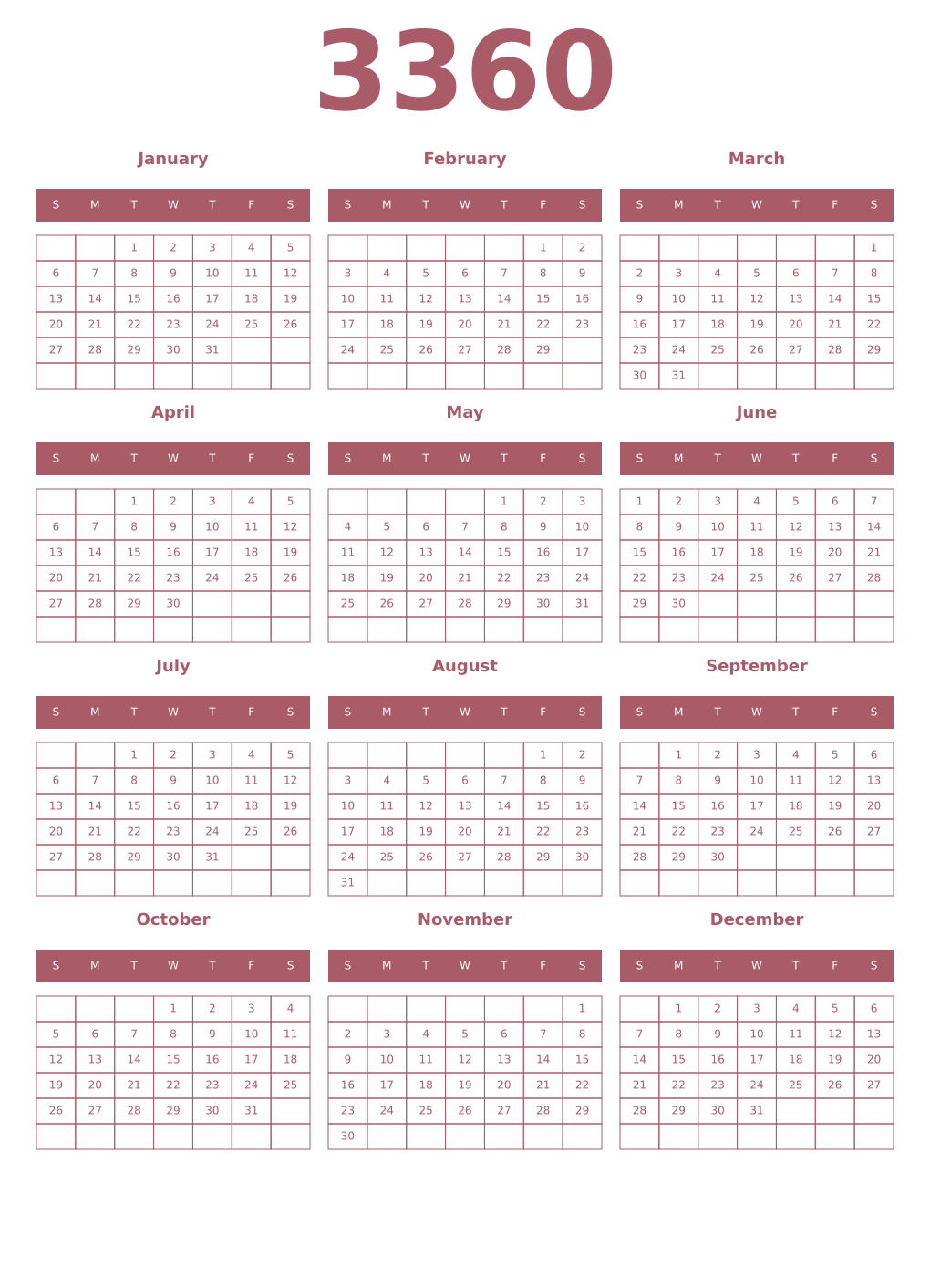 Printable 3360 Year Calendars puce