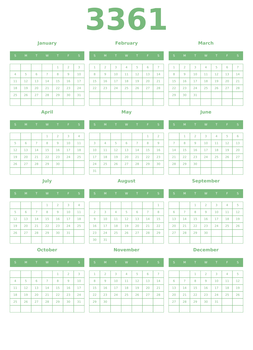Printable 3361 Year Calendars celadon