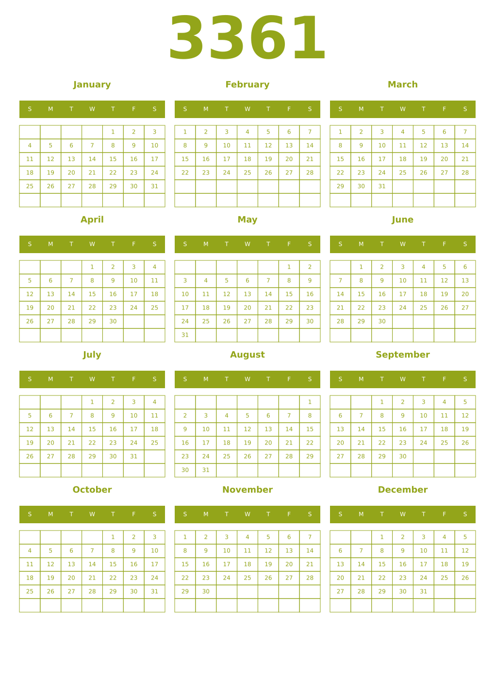 Printable 3361 Year Calendars chartreuse