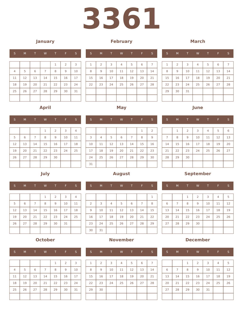 Printable 3361 Year Calendars coffe