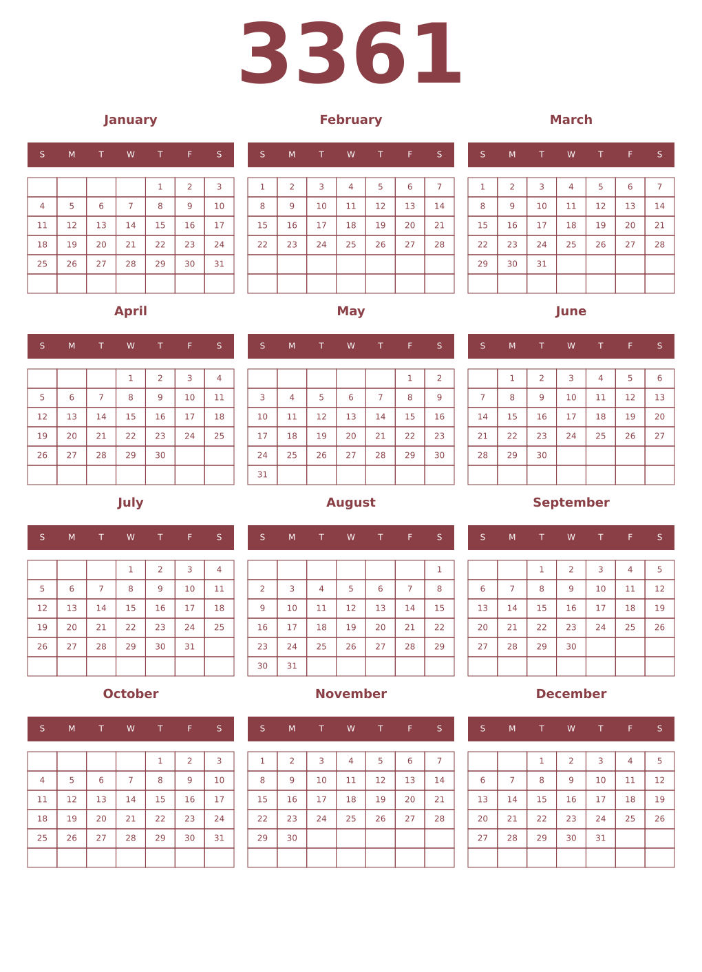 Printable 3361 Year Calendars cordovan