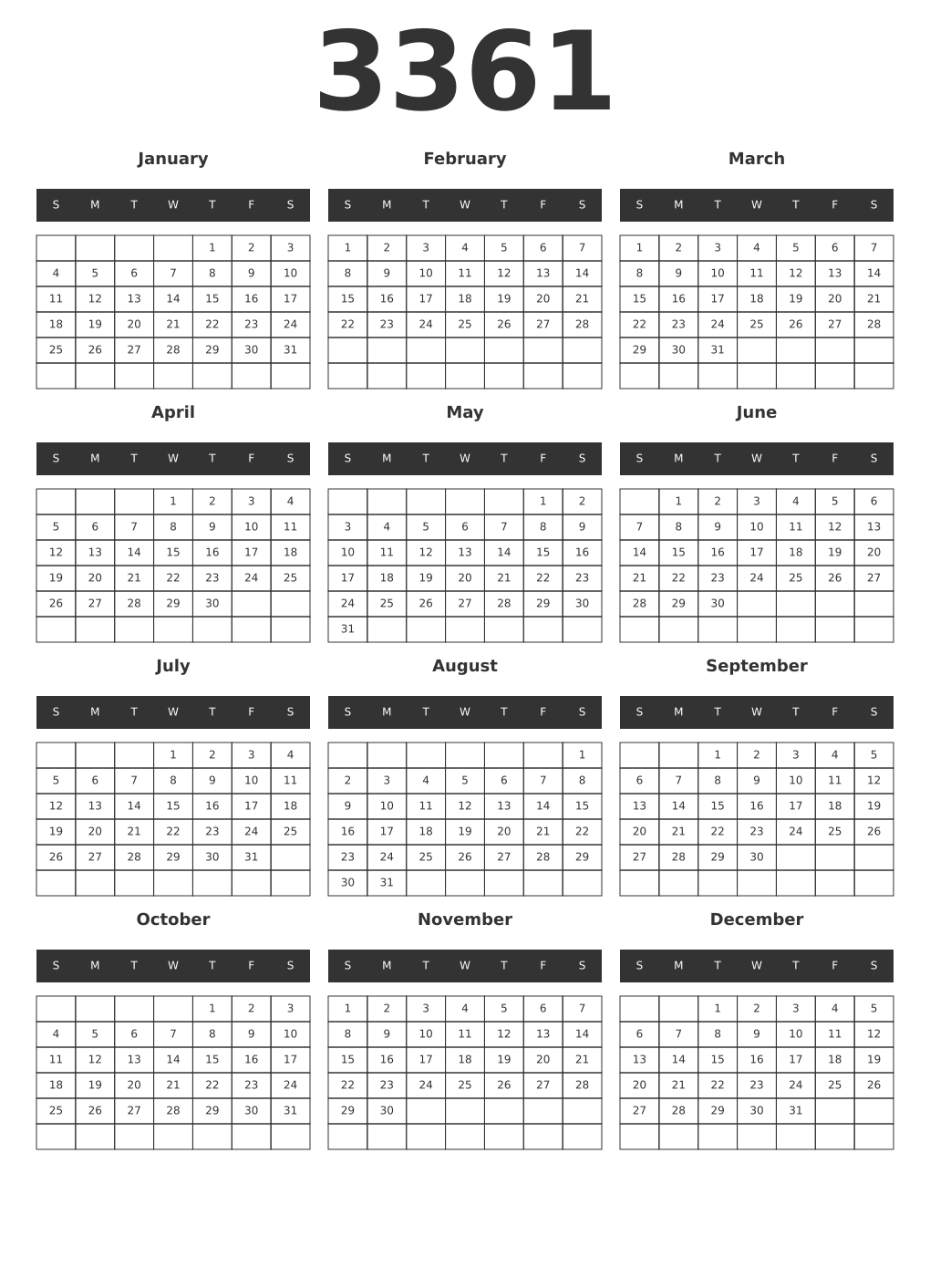 Printable 3361 Year Calendars dark