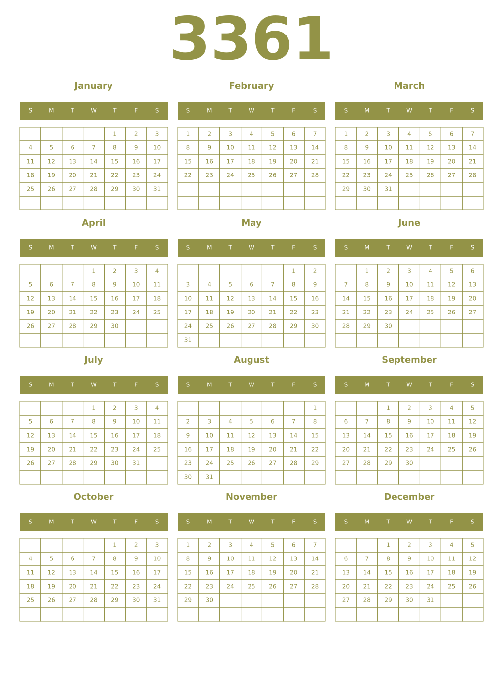 Printable 3361 Year Calendars eburnean