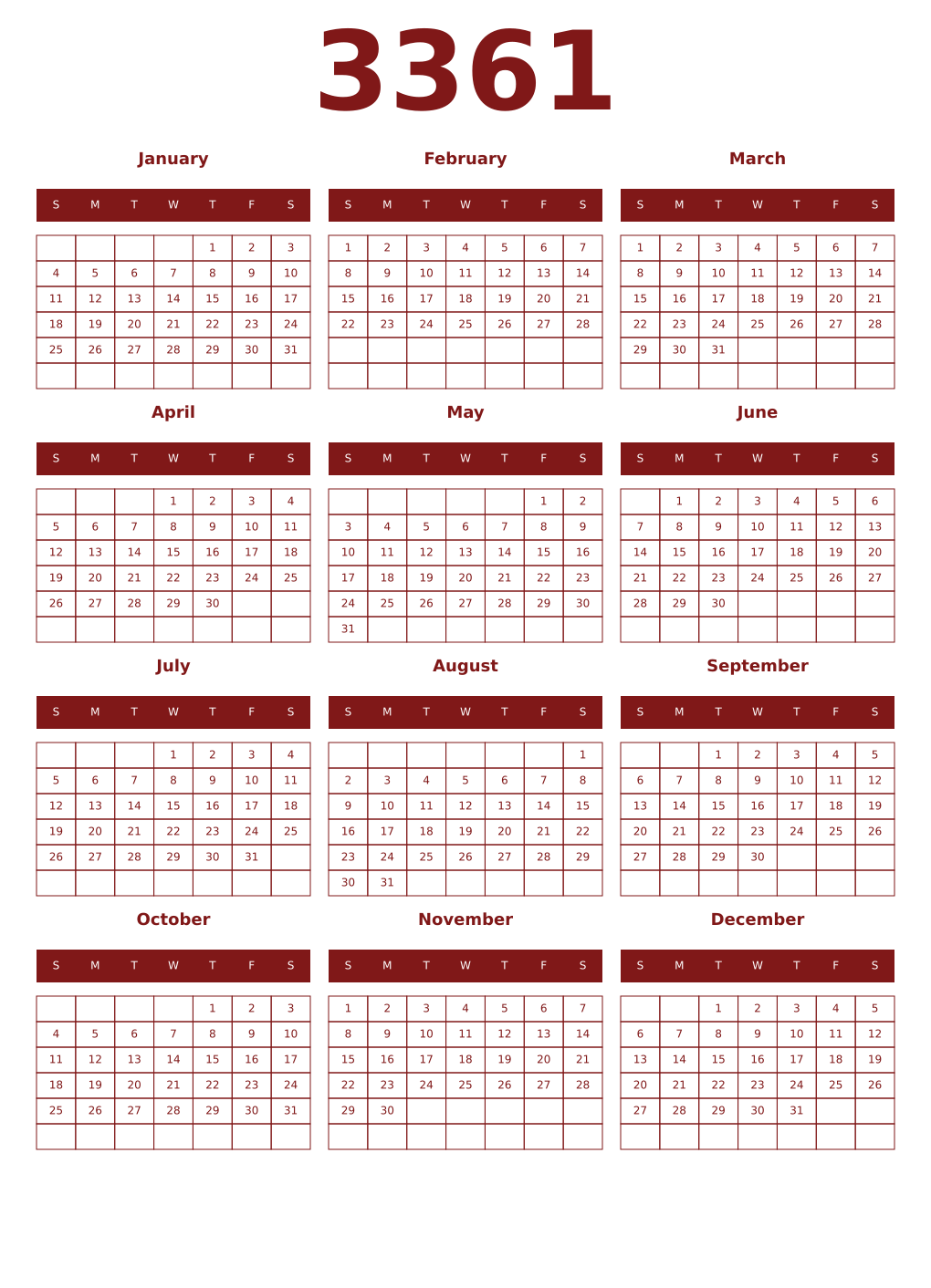 Printable 3361 Year Calendars falu