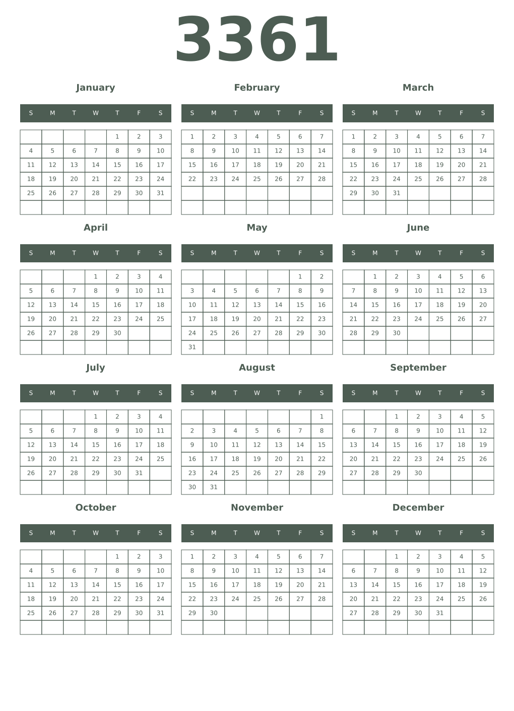 Printable 3361 Year Calendars feldgrau