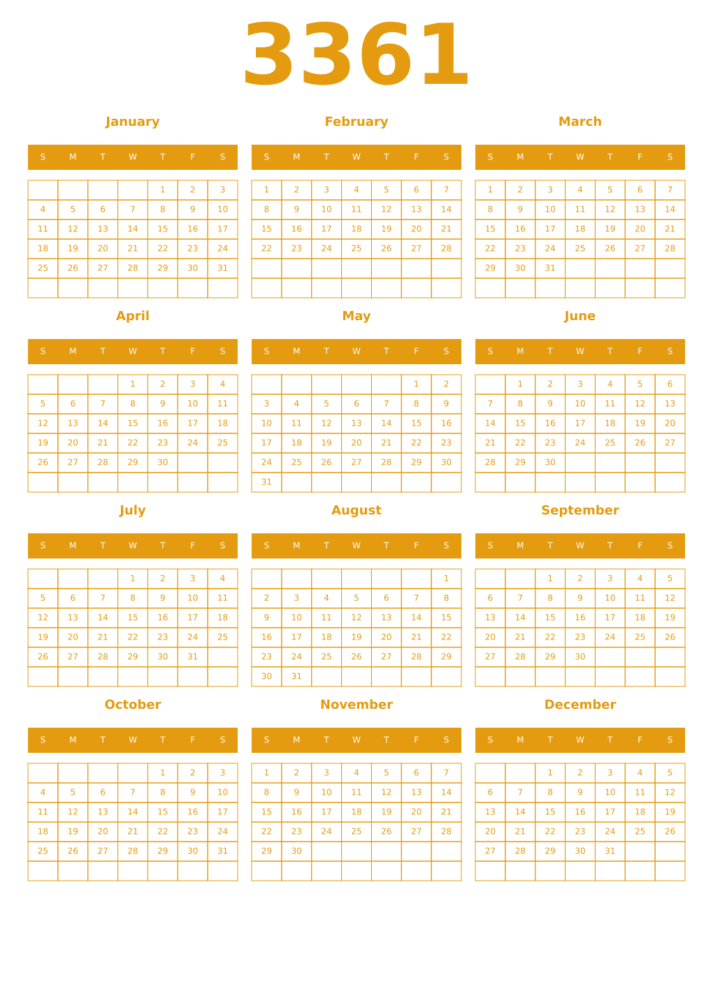 Printable 3361 Year Calendars gamboge