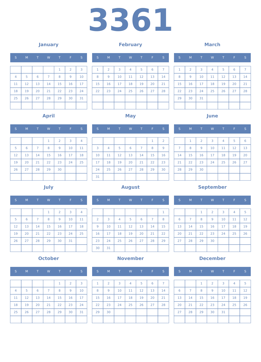 Printable 3361 Year Calendars glaucous