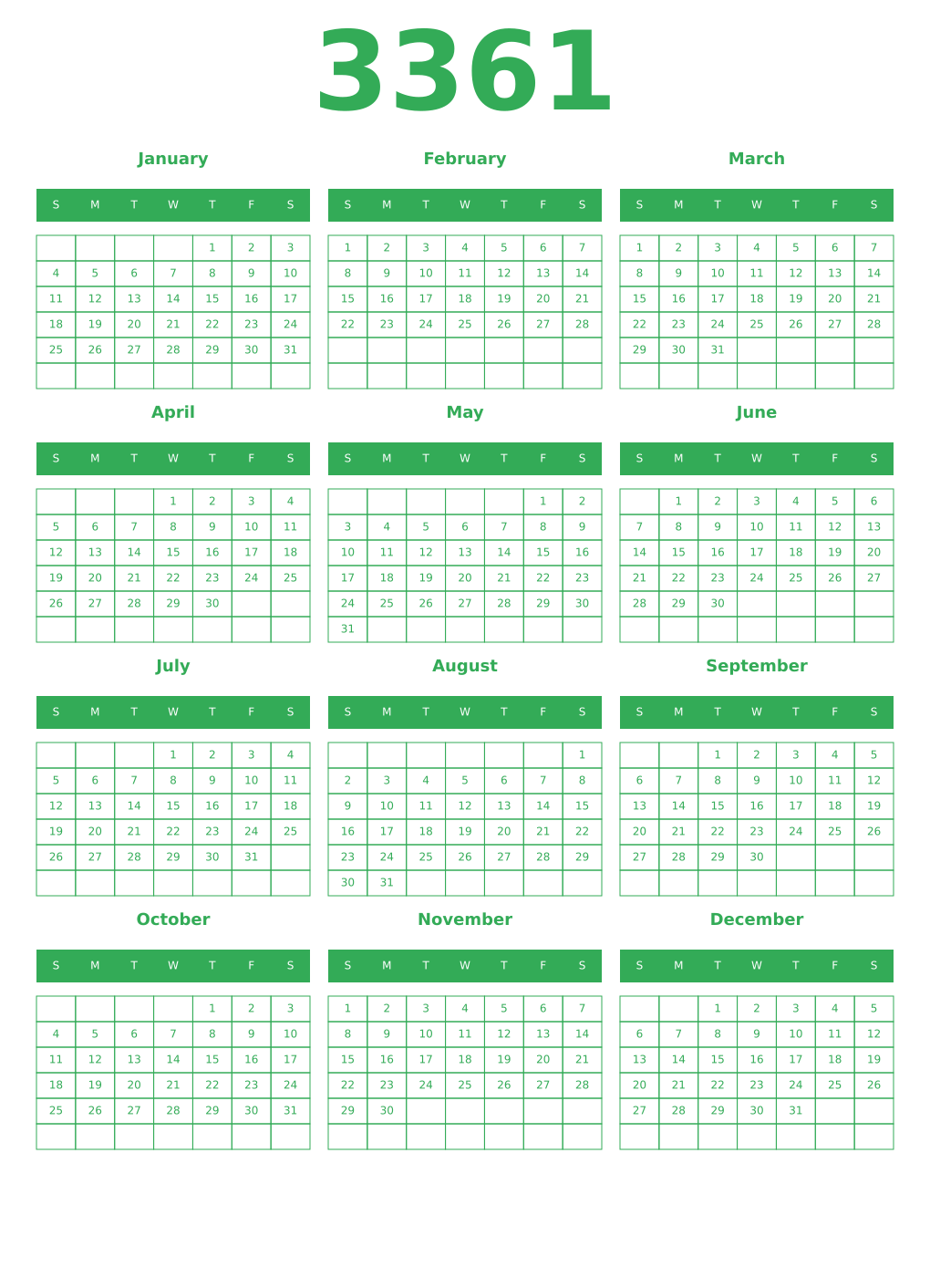 Printable 3361 Year Calendars green