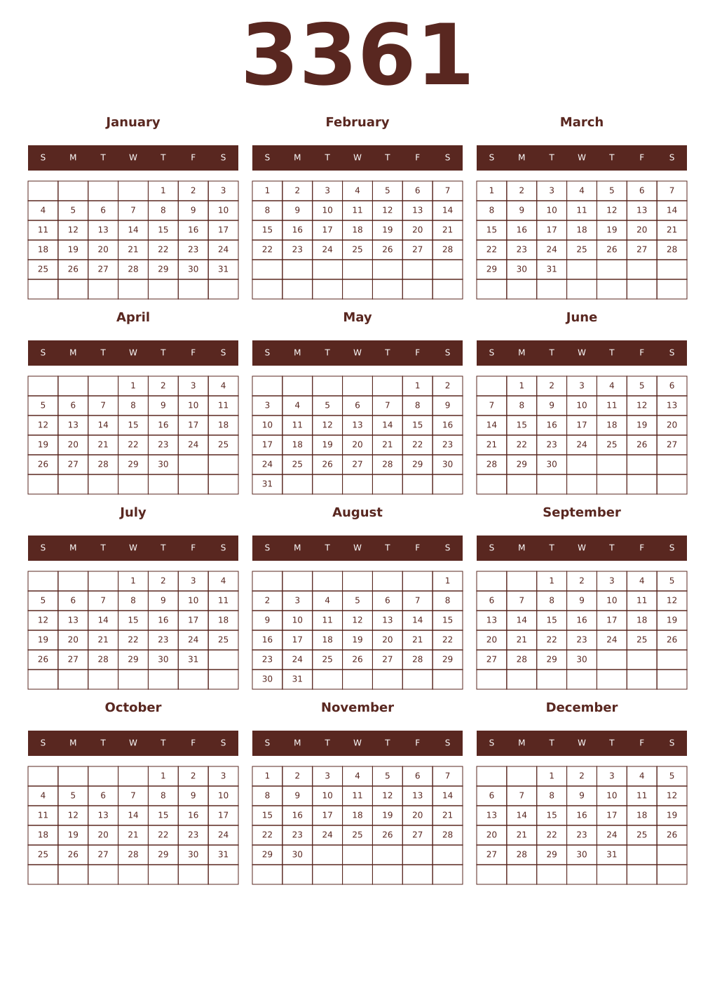 Printable 3361 Year Calendars mortuum