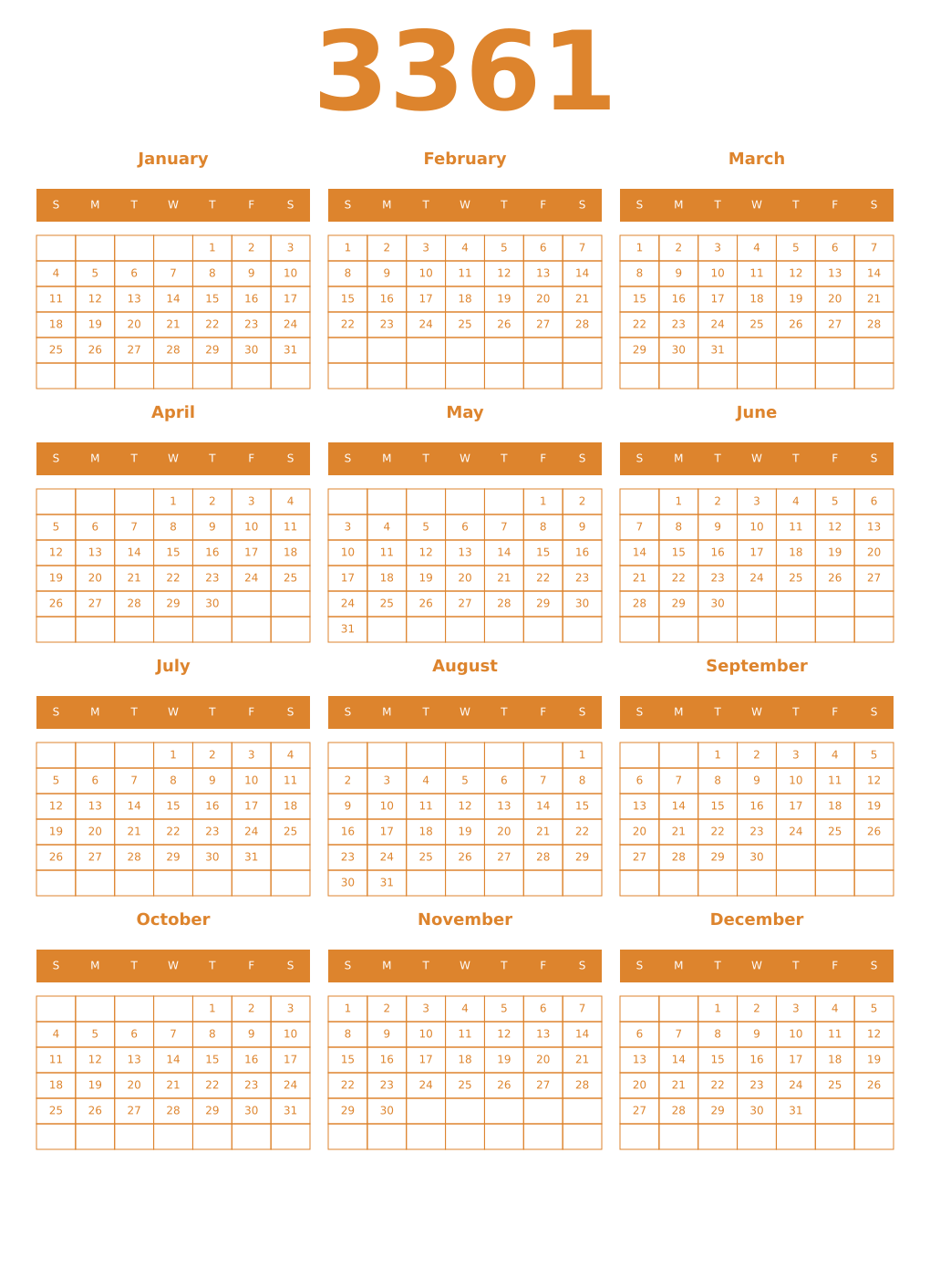 Printable 3361 Year Calendars orange