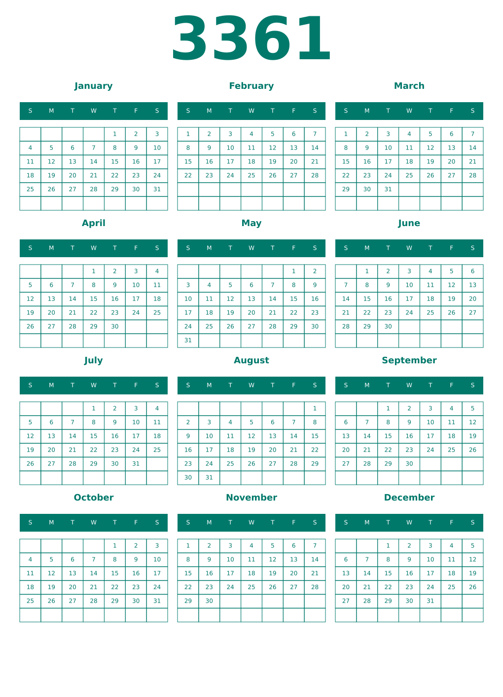 Printable 3361 Year Calendars pastel