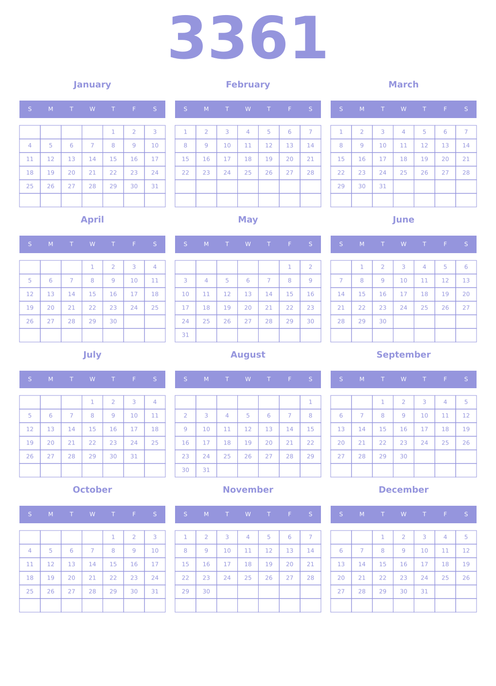 Printable 3361 Year Calendars periwinkle