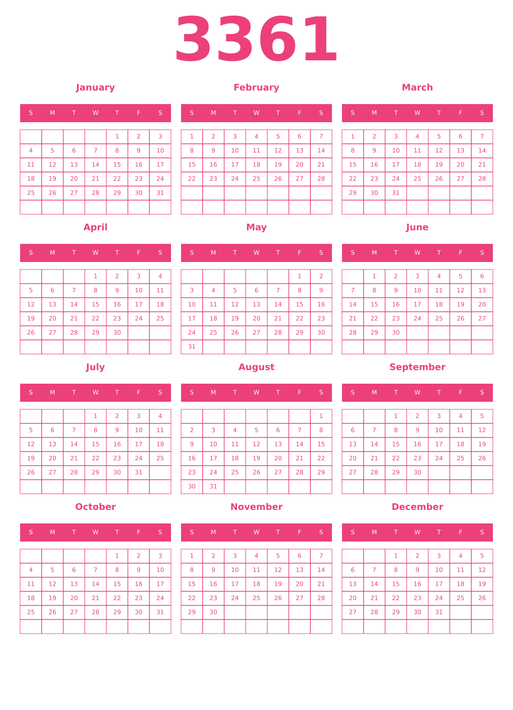 Printable 3361 Year Calendars pink
