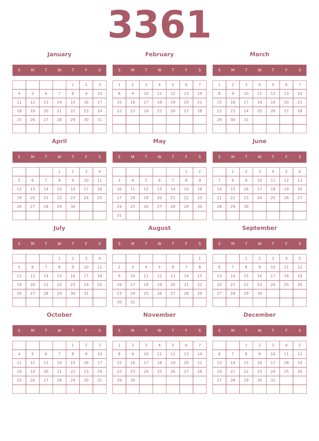 Printable 3361 Year Calendars puce