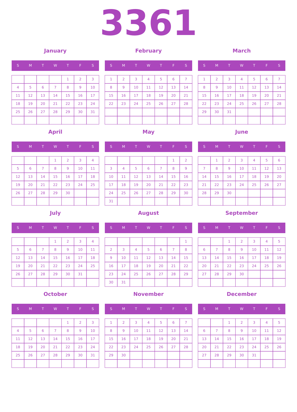 Printable 3361 Year Calendars purple
