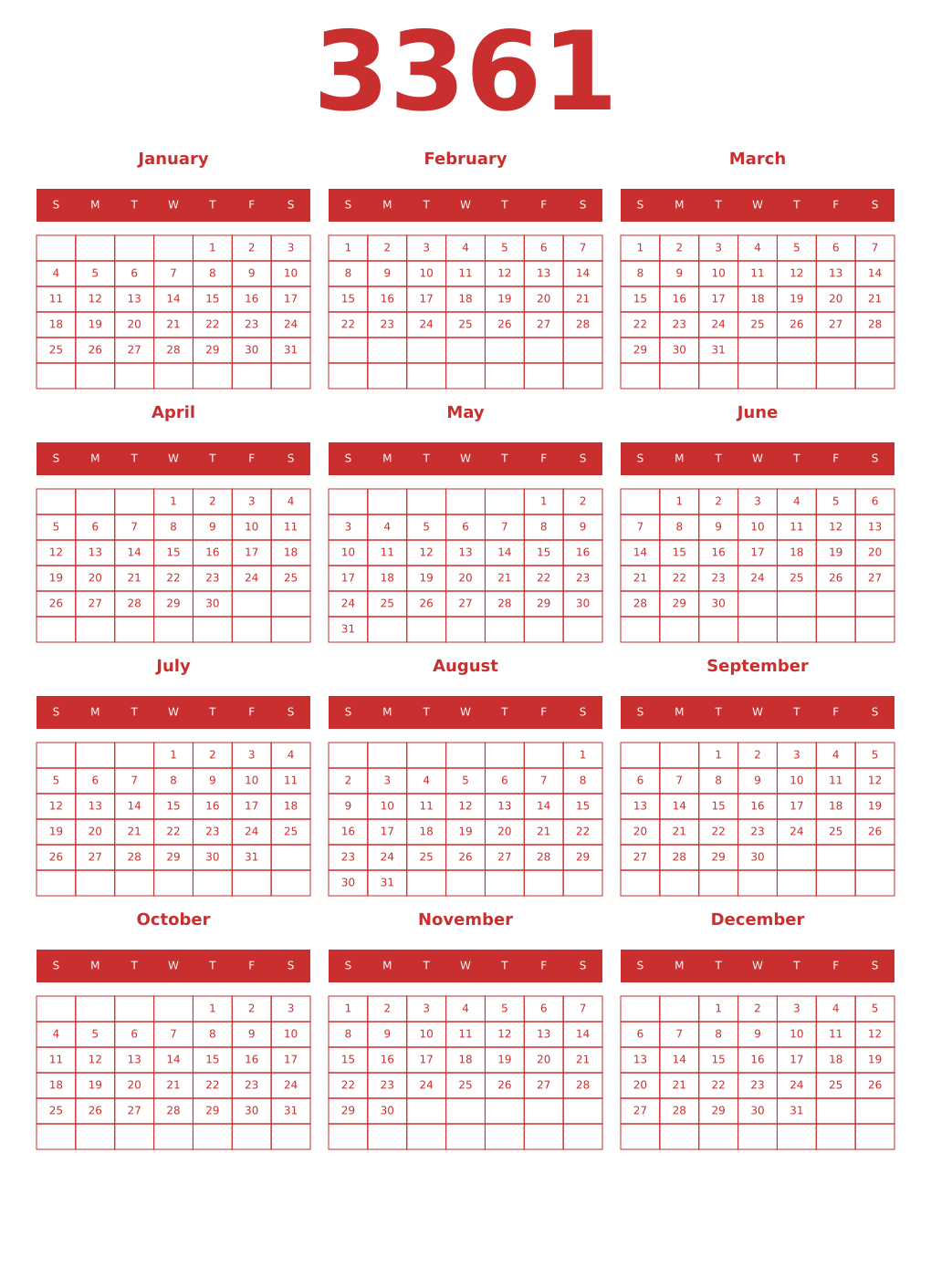 Printable 3361 Year Calendars red