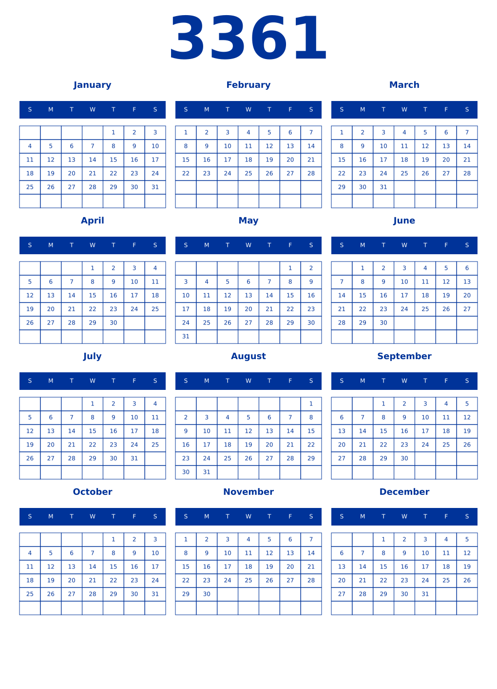 Printable 3361 Year Calendars smalt