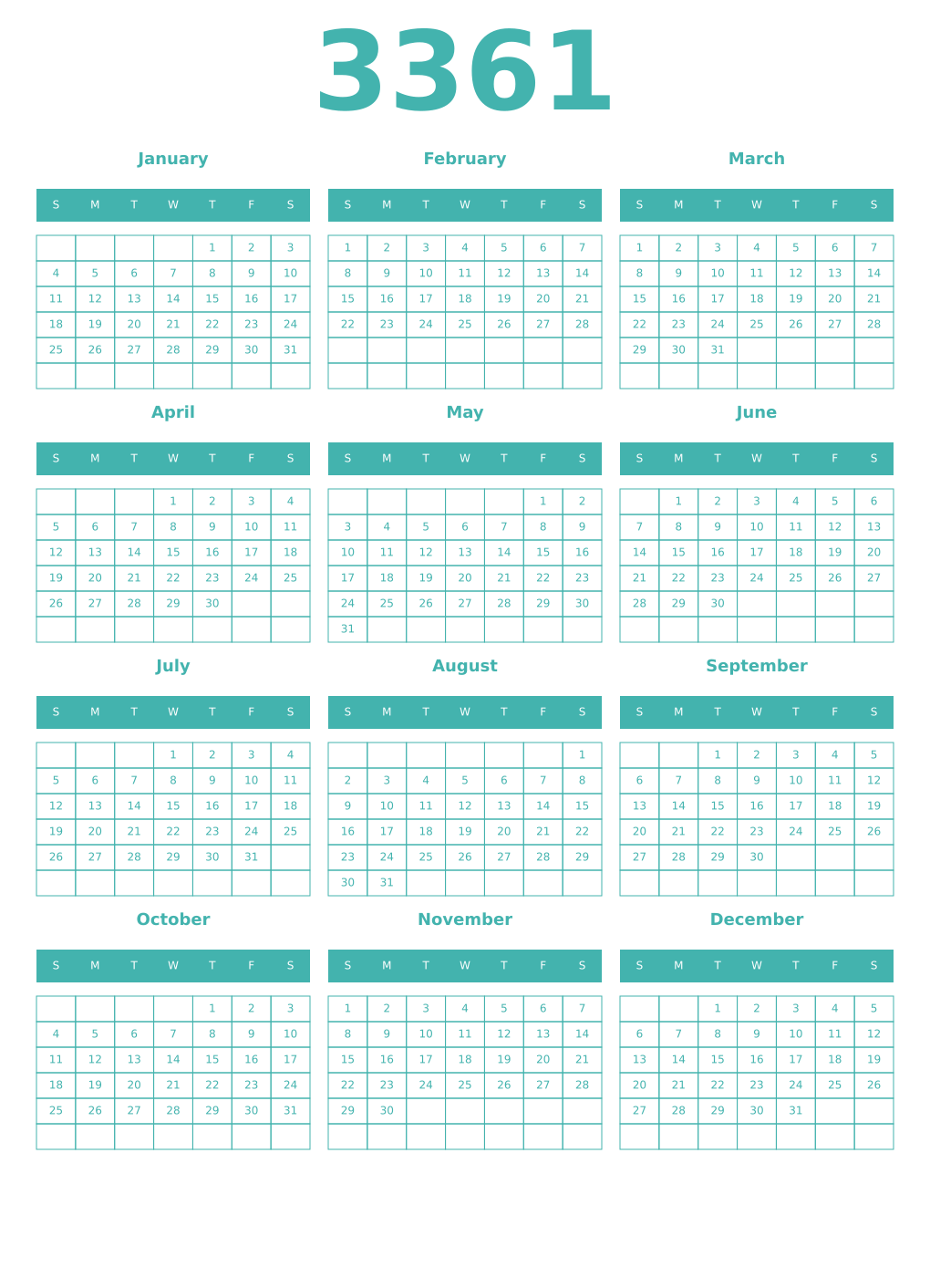 Printable 3361 Year Calendars verdigris