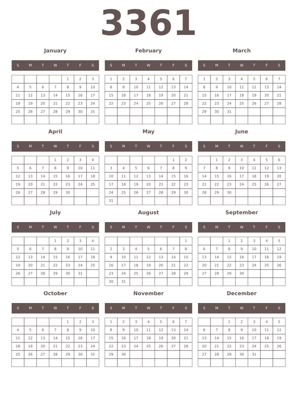 Printable 3361 Year Calendars wenge