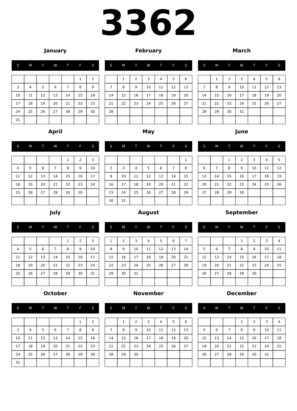 Printable 3362 Year Calendars black