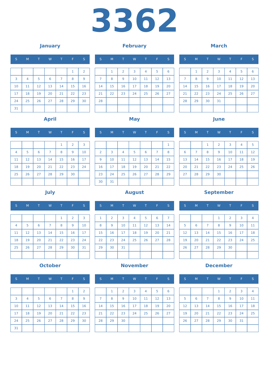 Printable 3362 Year Calendars blue