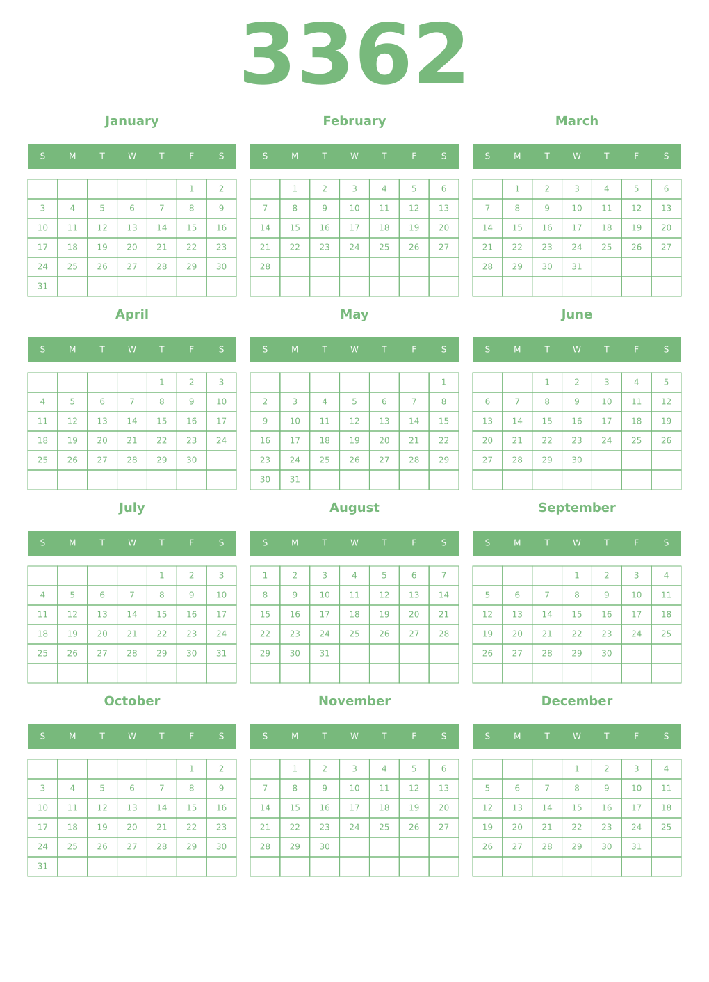 Printable 3362 Year Calendars celadon