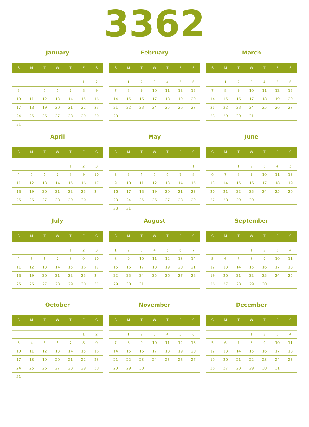 Printable 3362 Year Calendars chartreuse