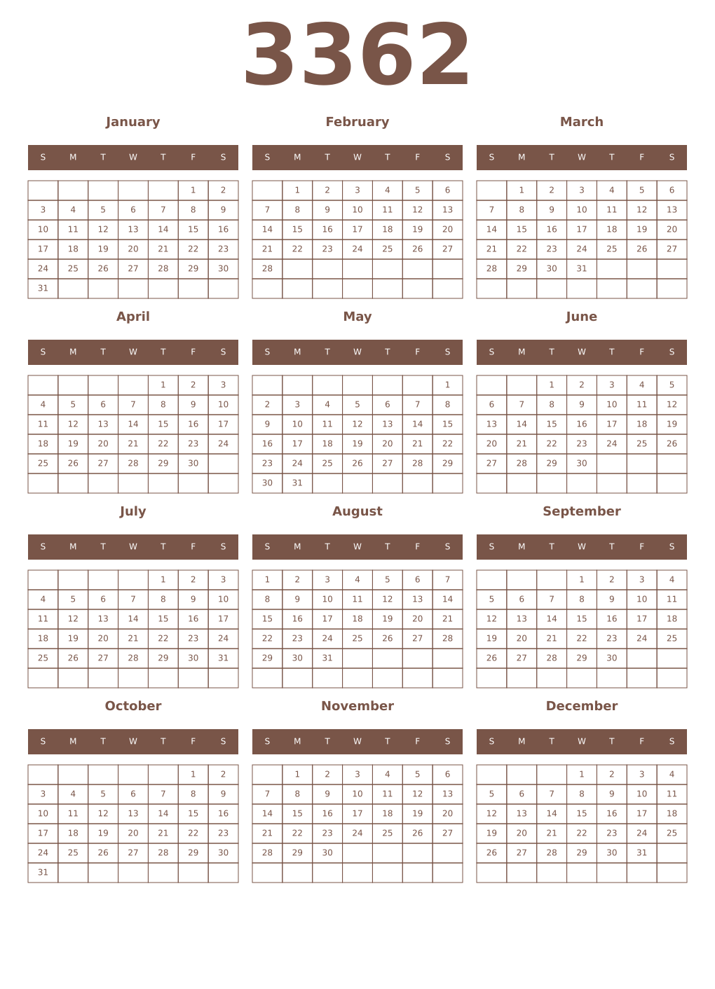 Printable 3362 Year Calendars coffe