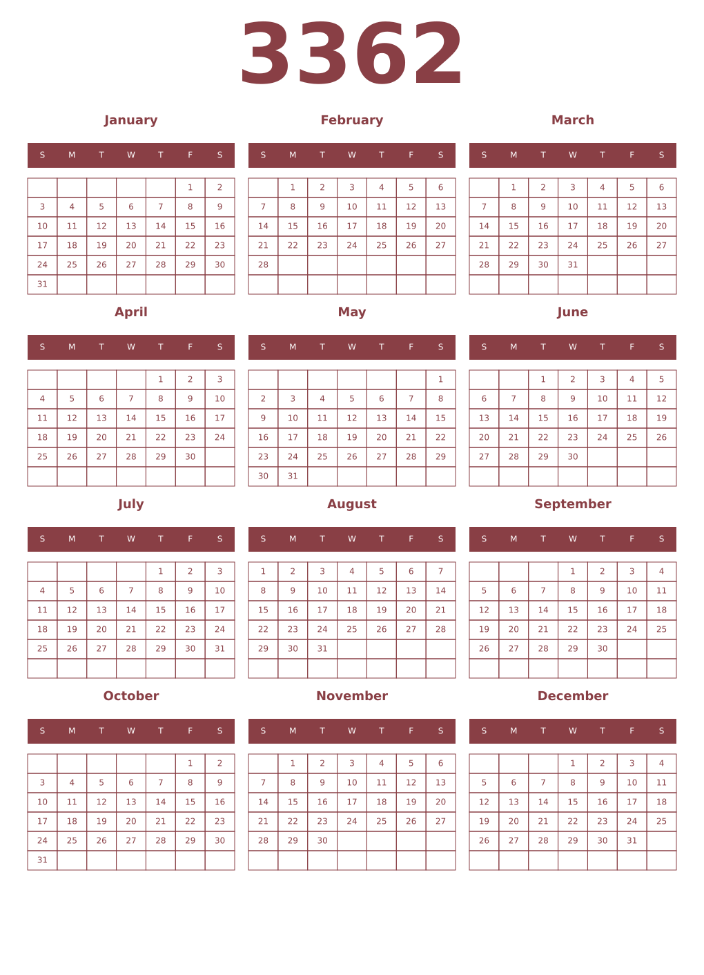 Printable 3362 Year Calendars cordovan