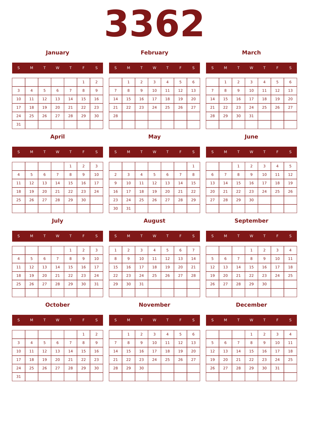Printable 3362 Year Calendars falu