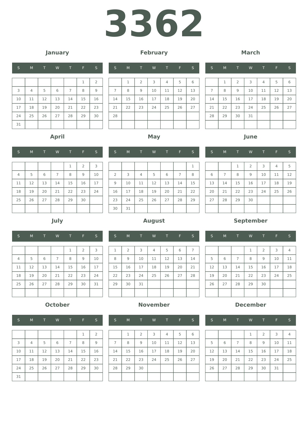 Printable 3362 Year Calendars feldgrau