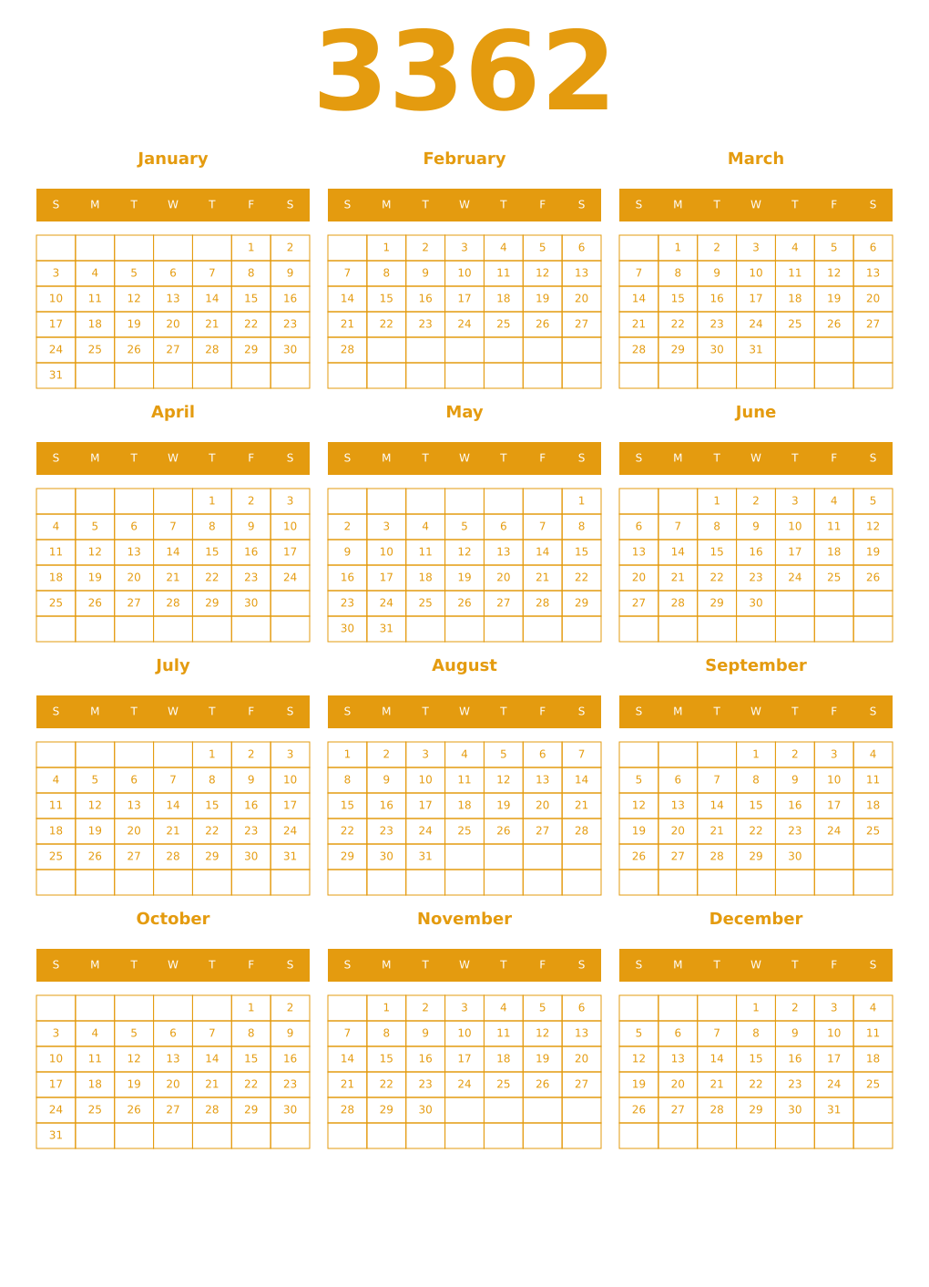 Printable 3362 Year Calendars gamboge